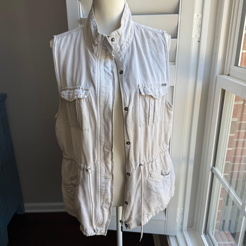 MAX JEANS Beige Oatmeal Linen Blend Cargo Utility Vest Womens Large - Picture 3 of 13